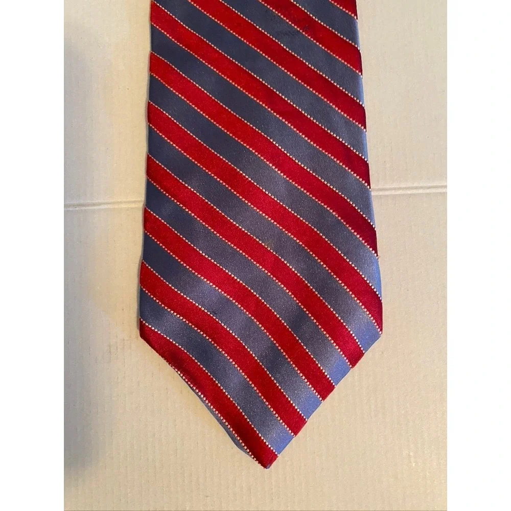Tommy Hilfiger Mens Red Blue Striped Silk Tie Houndstooth Contrast Tip